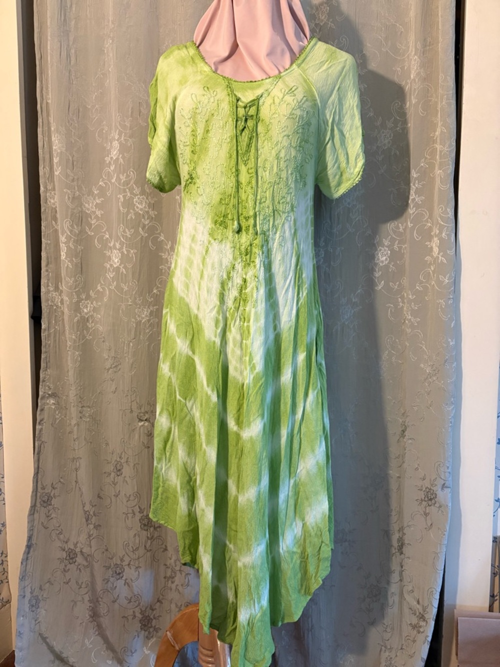 Boho Light Green Tie-Dye Asymmetrical Dress with Lace-Up Neckline